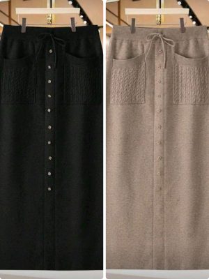 Women’s Knit Maxi Skirt with Buttons & Pockets – Drawstring Waist (Black/Khaki)
