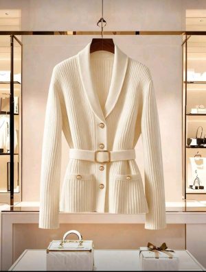Beige Belted Ribbed Knit Cardigan with Pearl Buttons