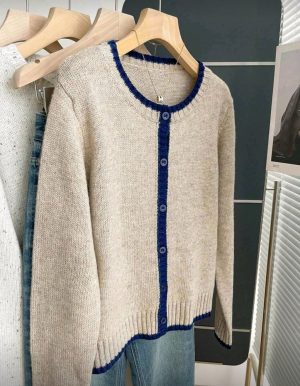 Women’s Button-Up Knit Cardigan Sweater – Khaki/Beige, Contrast Trim, Long Sleeve, Round Neck