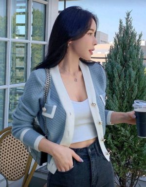 Women’s Blue Knit Cardigan with White Trim, Pearl Buttons, Cropped Fit