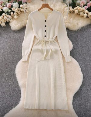 Cream Knit Midi Dress with Buttons